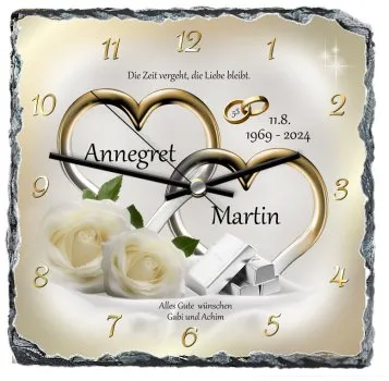 Überraschen Sie das Jubelpaar mit einem Geschenk, das nicht nur funktional ist, sondern auch emotional berührt. Diese Schieferuhr ist das perfekte Andenken an 55 gemeinsame Jahre und ein täglicher Begleiter, der die wertvollen Momente in Erinnerung ruft.